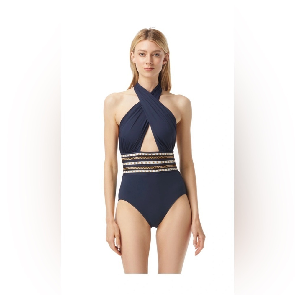 MICHAEL Michael Kors Cross Front Halter One Piece Swimsuit - Chain Border12 A301 - Picture 1 of 7